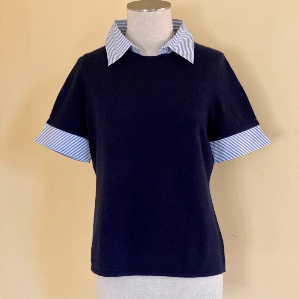 NEIMAN MARCUS Navy Blue Cashmere Faux Layered Top